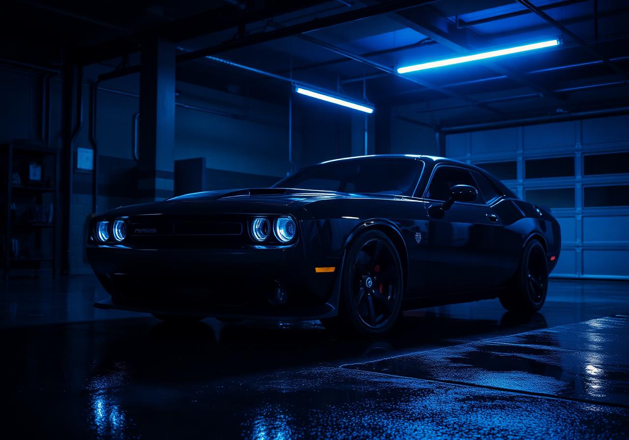 Muscle car in shop bay